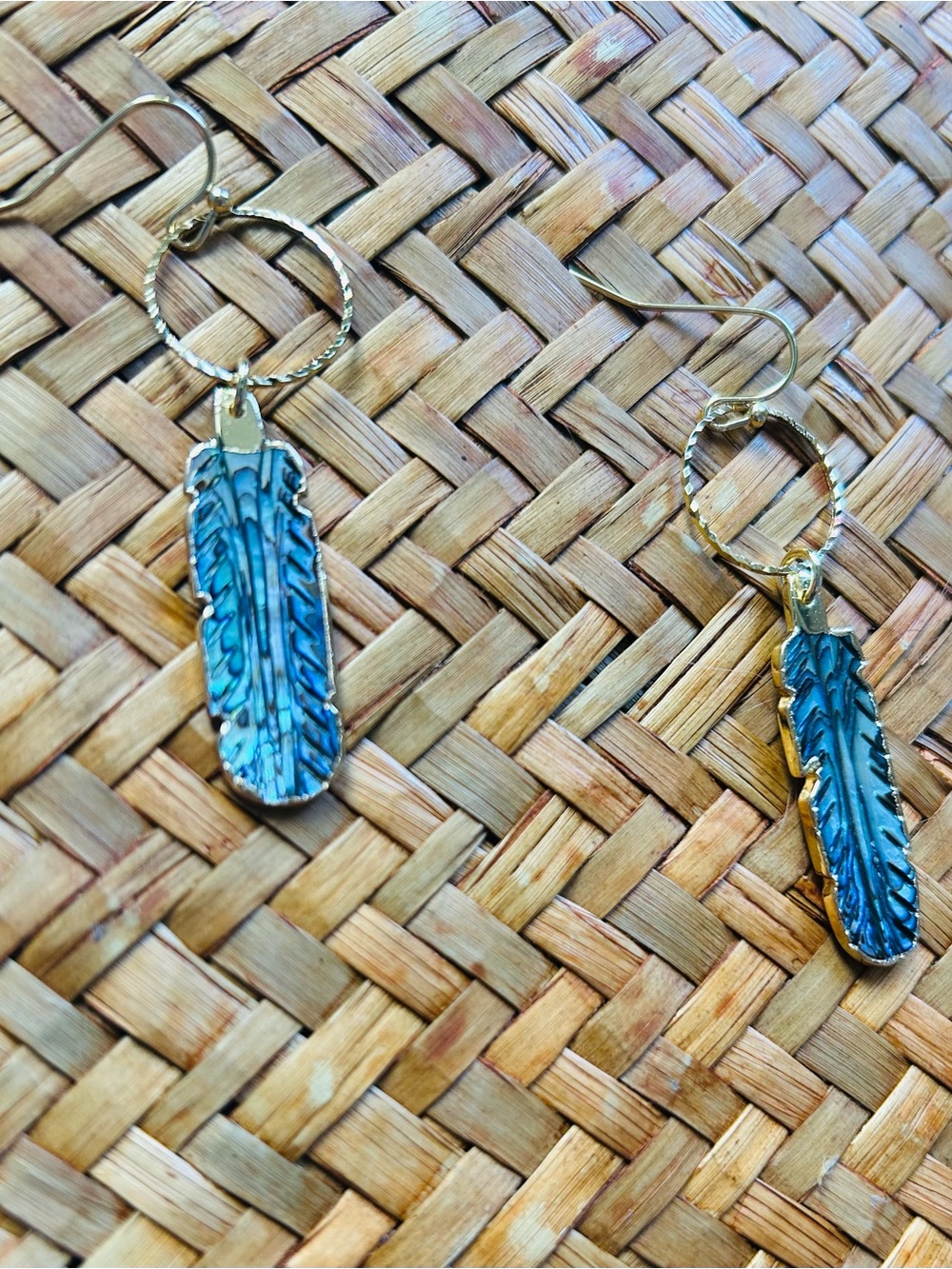 Hand carved feather abalone Earrings with charm earrings lightweight